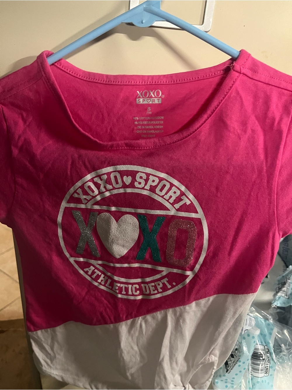XOXO Girls Pink and White Colorblock Tee with Logo and striped shorts to match